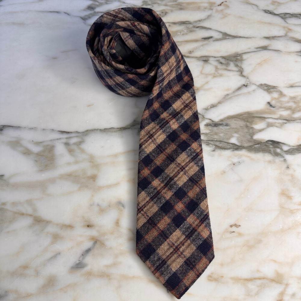 Pendleton Necktie Mens OS Blue Tan Excellent Plaid Virgin Wool Classic Tie